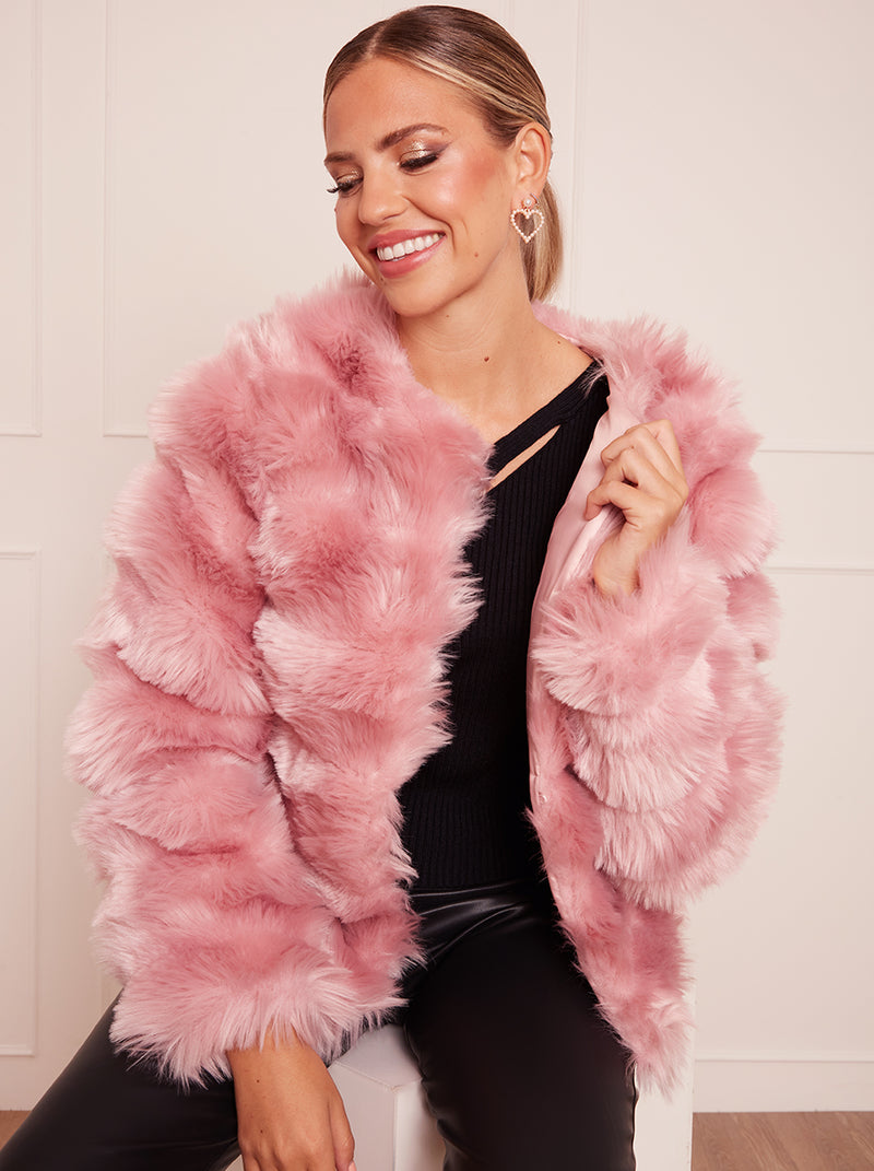 Textured Faux Fur Coat in Pink