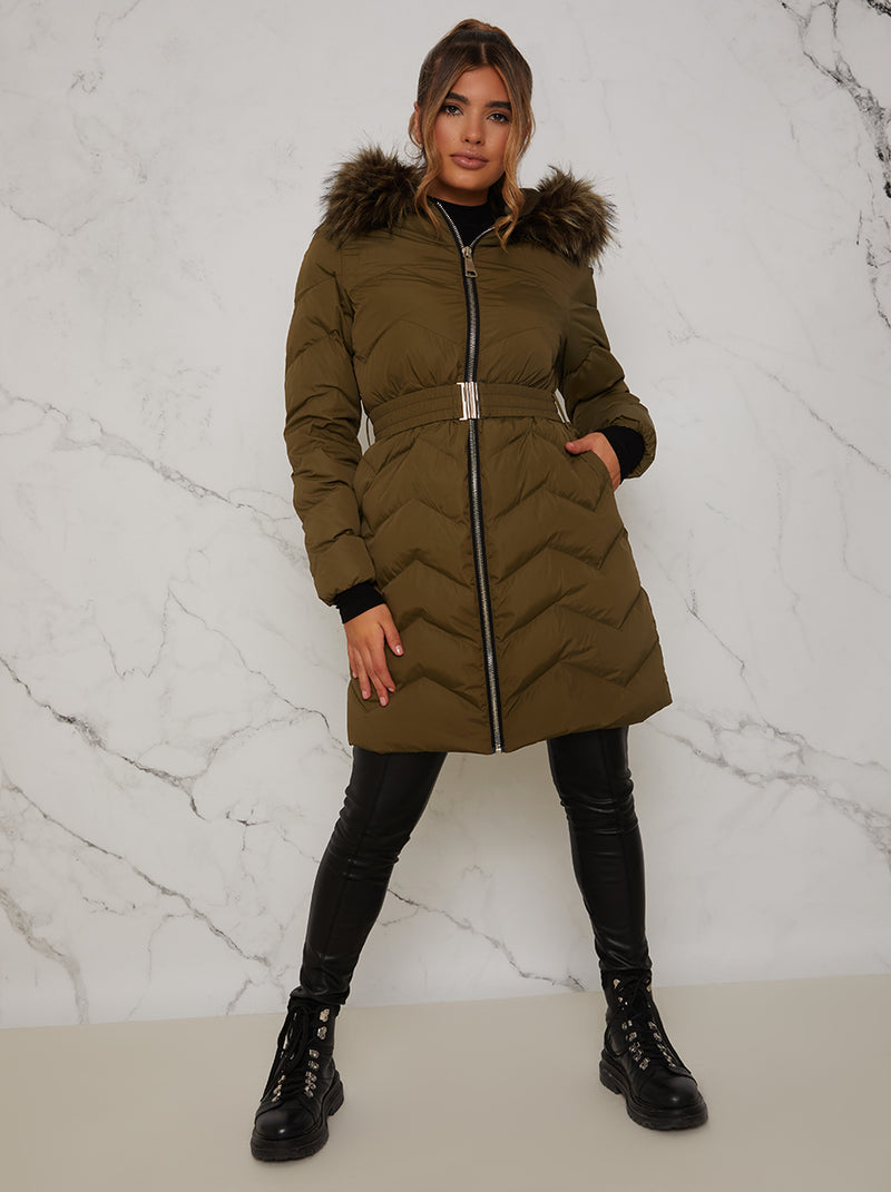 Quilted Puffer Coat with Faux Fur Hood in Khaki