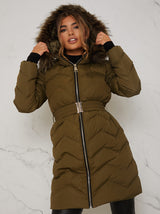 Quilted Puffer Coat with Faux Fur Hood in Khaki