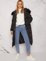Longline Puffer Coat with Black Fur Hood