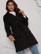 Double Breasted Coat with Waist Tie in Black