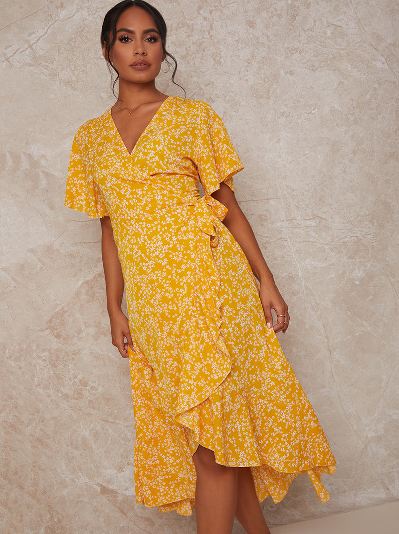 Short Sleeve Wrap Dip Hem Maxi Dress in Yellow