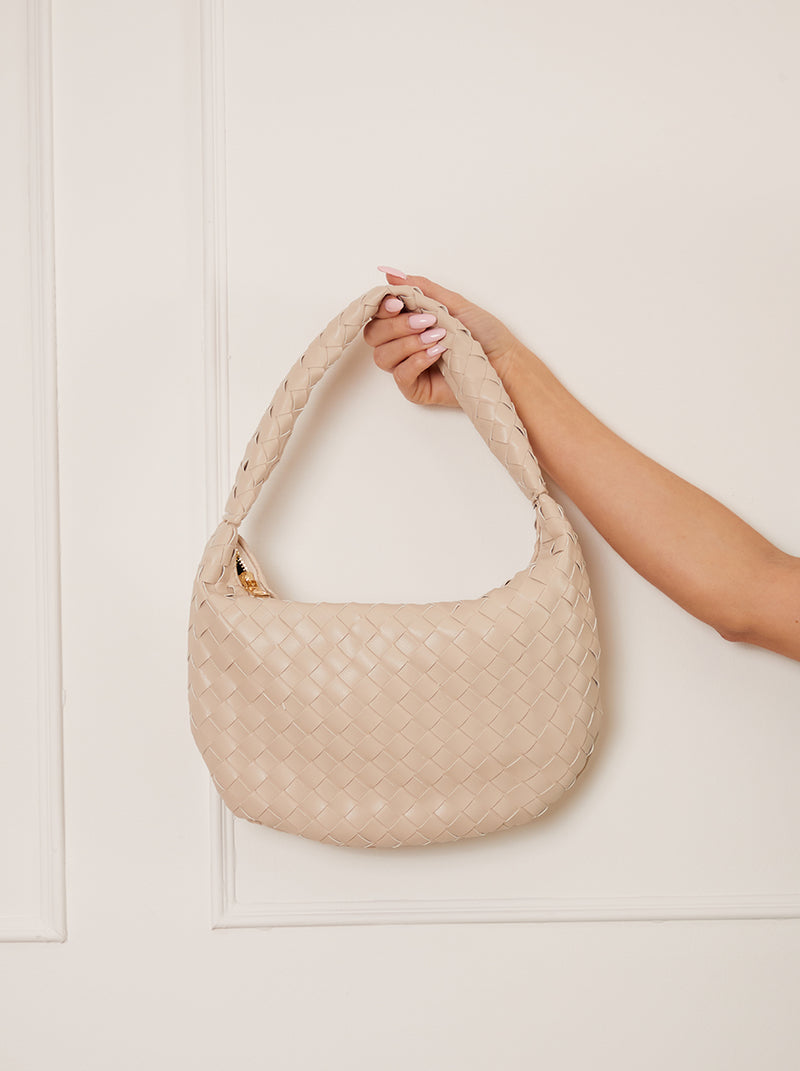 Woven Faux Leather Shoulder Bag in Cream