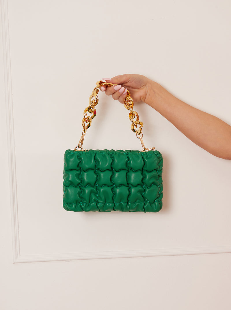 Quilted Chain Detail Shoulder Bag in Green
