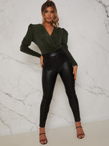 Ruched Sleeve Wrap Over Bodysuit in Khaki