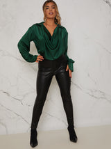 Cowl Neck Satin Blouse in Green