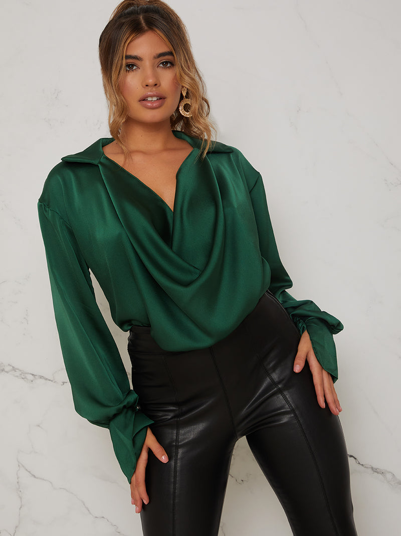 Cowl Neck Satin Blouse in Green