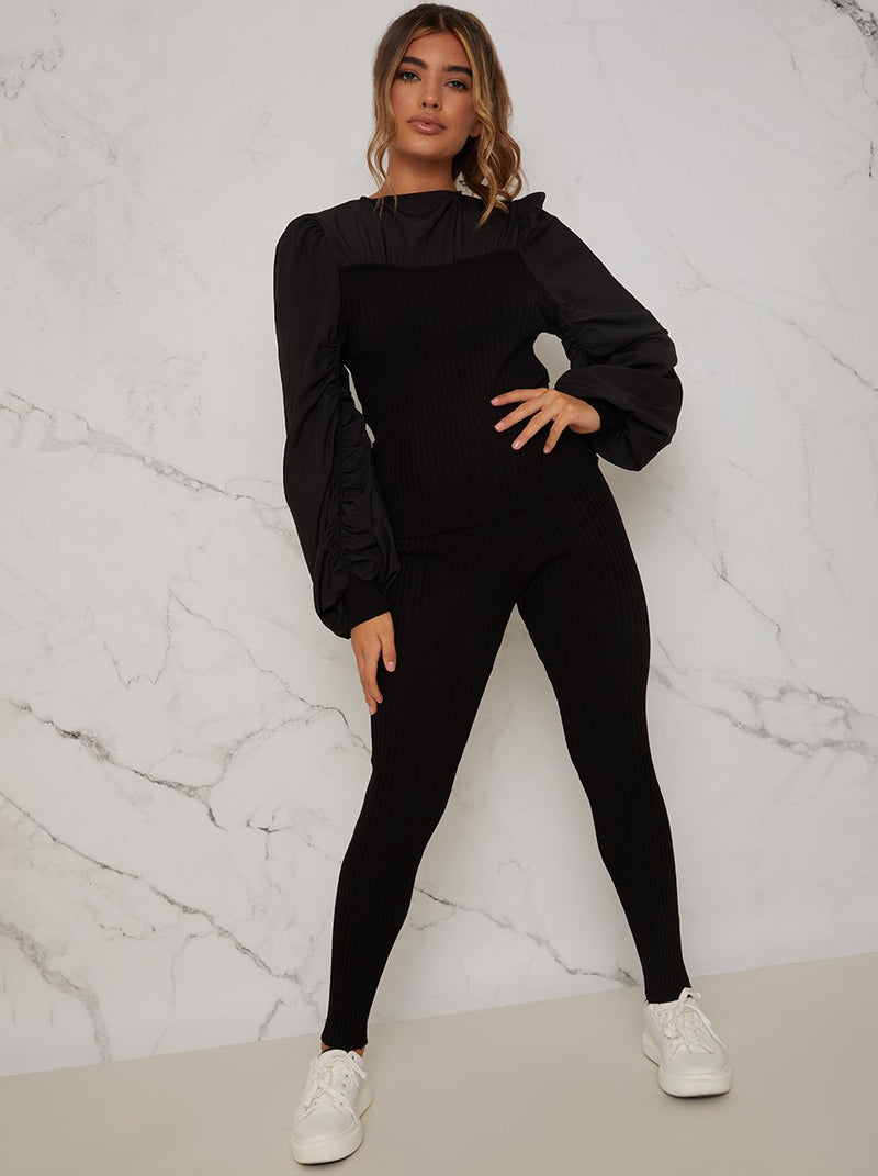 Ruched Sleeve Knitted Loungewear Set in Black