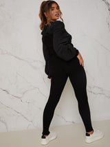 Ruched Sleeve Knitted Loungewear Set in Black