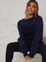 Ruched Sleeve Knitted Loungewear Set in Navy