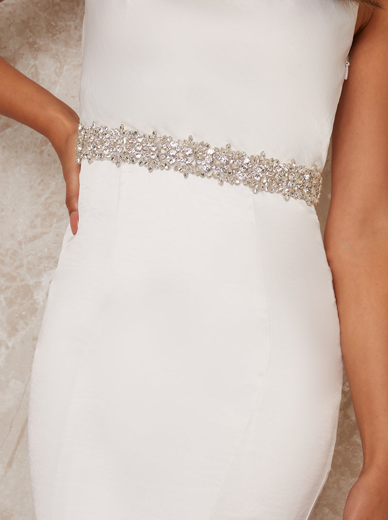 Bridal Embellished Belt with Ribbon Fastening in White