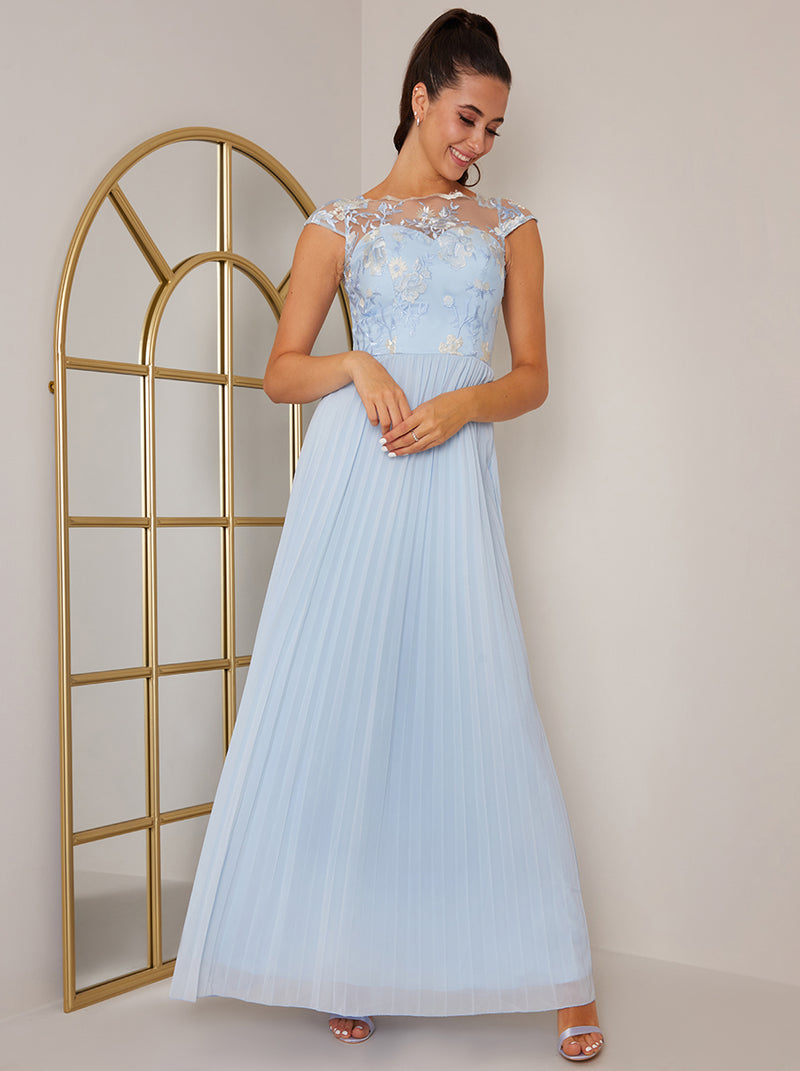 Cap Sleeved Embroidered Bodice Maxi Dress in Blue