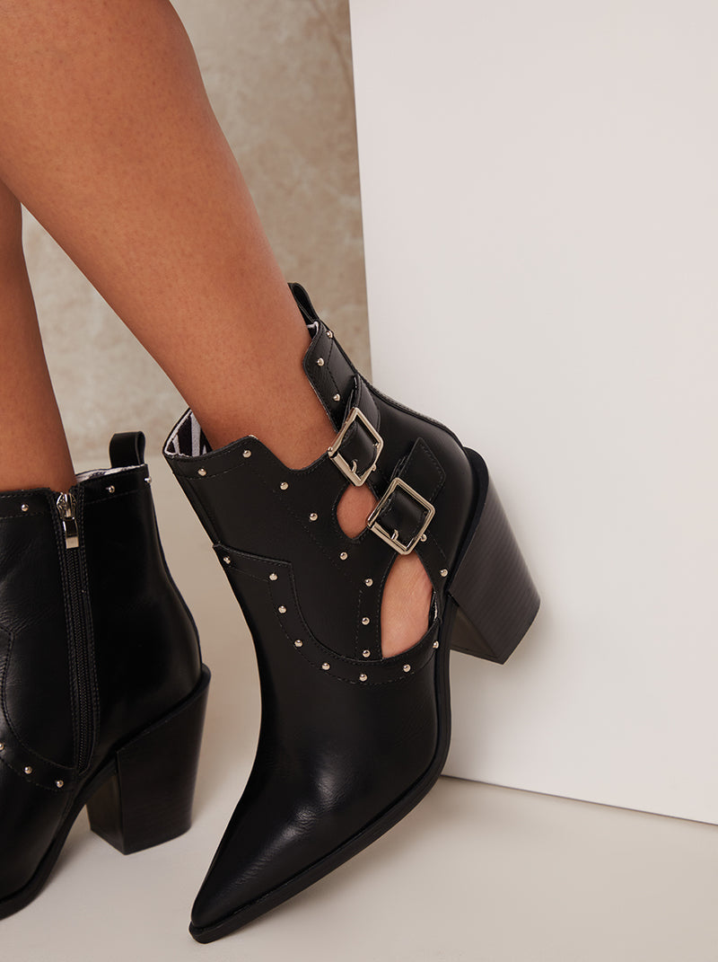 Western Style Stud Buckle Ankle Boots in Black