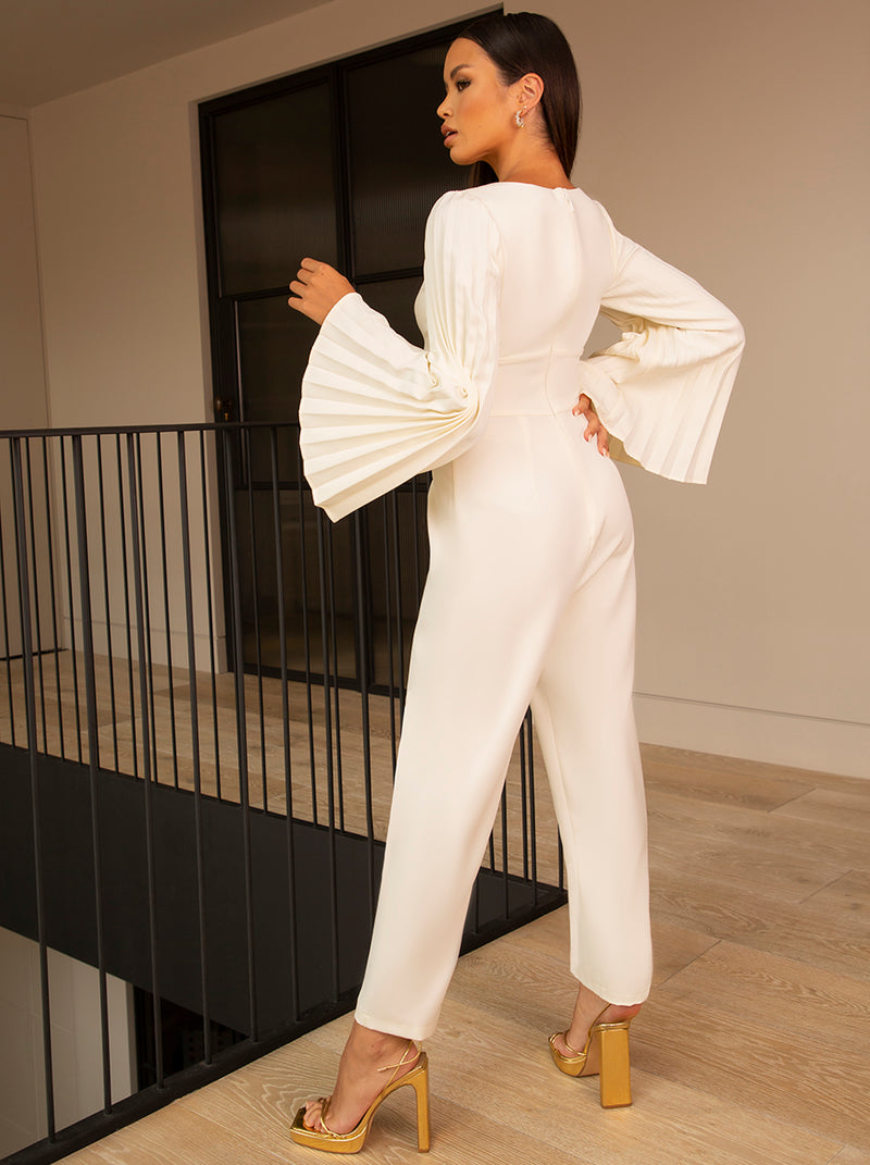 Long Bell Sleeve Pleated Jumpsuit in Cream