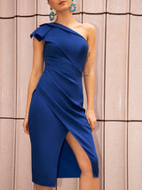 One-Shoulder Wrap Detail Midi Dress in Blue