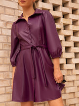 Balloon Sleeve Faux Leather Shirt Dress in Purple
