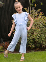 Girls Ruffle Design Striped Belted Jumpsuit in Blue