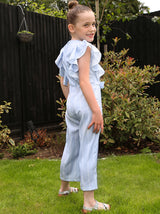 Girls Ruffle Design Striped Belted Jumpsuit in Blue