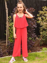 Girls Layered Top Jumpsuit in Red