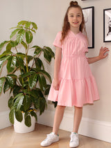 Girls Cap Sleeved Tiered Dress in Pink