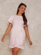 Broderie Anglais Mini Dress with Ruffle Trim in Pink