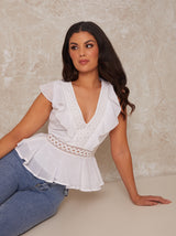V Neck Ruffle Top with Broderie Insert in White