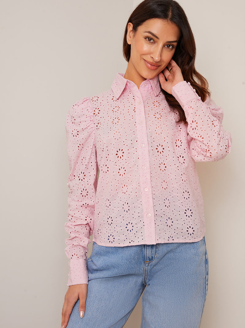 Broderie Anglaise Puff Sleeve Shirt in Pink