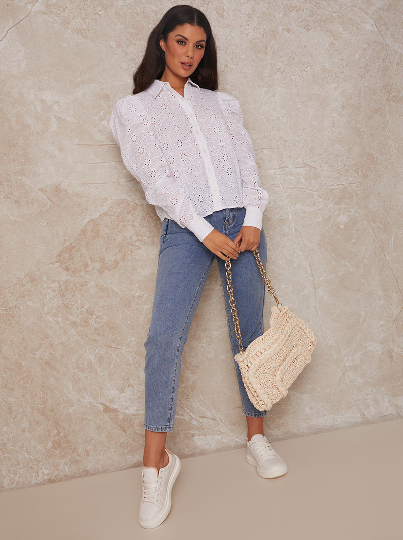 Broderie Anglaise Puff Sleeve Shirt in White