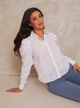 Broderie Anglaise Puff Sleeve Shirt in White