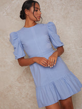 Puff Sleeve Tiered Mini Dress In Blue