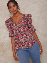 Floral Abstract Print Wrap Top in Multi