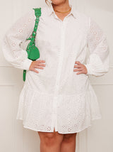 Plus Size Broderie Anglaise Puff Sleeve Shirt Dress in White