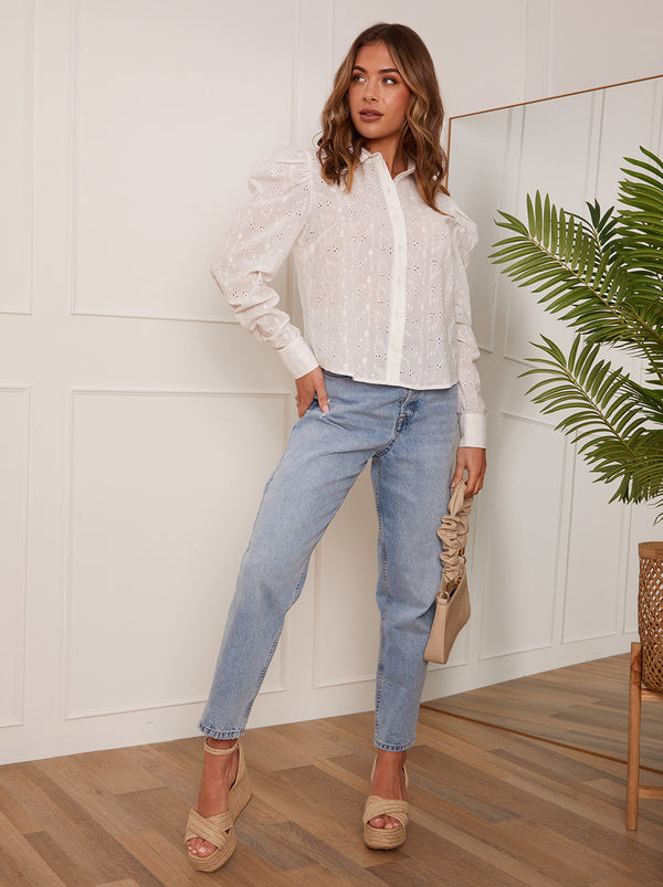 Broderie Anglais Puff Sleeve Shirt in White