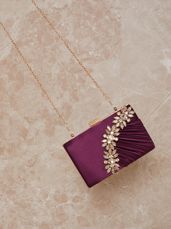 Embellished Pleated Satin Clutch Bag in Berry