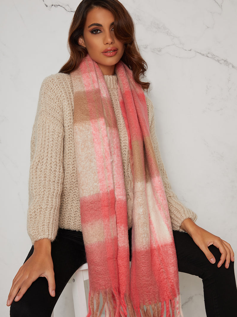 Check Tassel Soft Scarf in Pink
