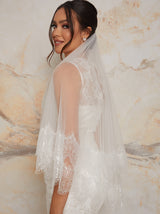 Bridal Veil with Floral Lace Edging in White