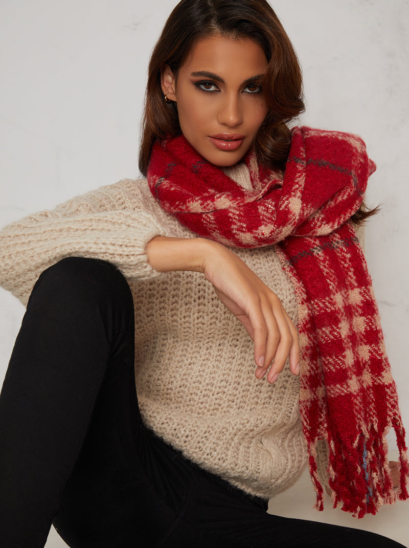Knitted Scarf with Checkered Detail in Red