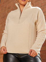 Zip-Through Knitted Cable Jumper in Cream
