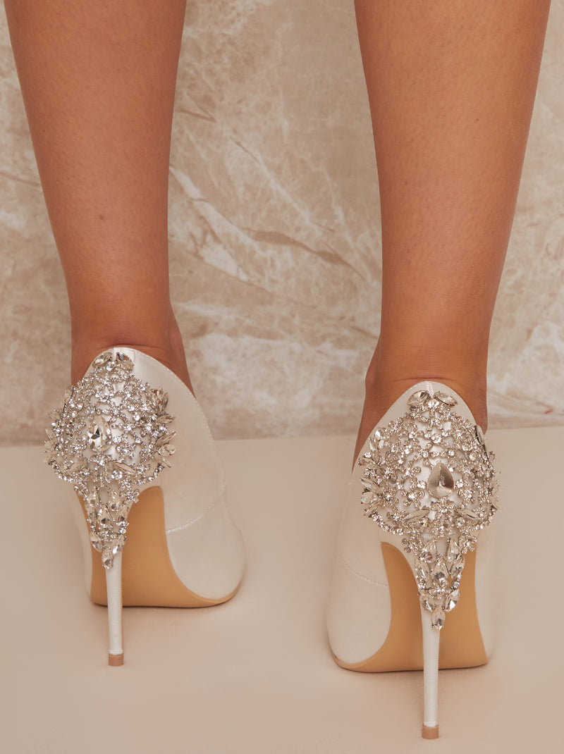 Embellished Satin Stiletto Heel Court Shoe in White