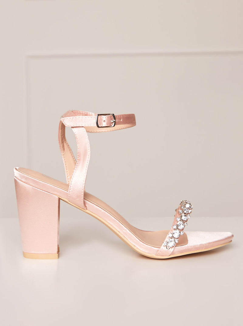 Block Heel Diamante Strap Sandals in Pink