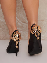 Embellished High Heel Satin Court Shoes in Black