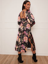 Petite Long Sleeve Cut-Out Detail Floral Print Midi Dress in Black