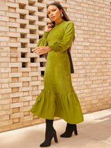 Long Sleeve Shirred Maxi Dress in Green