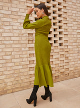 Long Sleeve Shirred Maxi Dress in Green