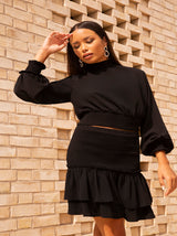 Long Sleeve Top with Shirred Waist in Black