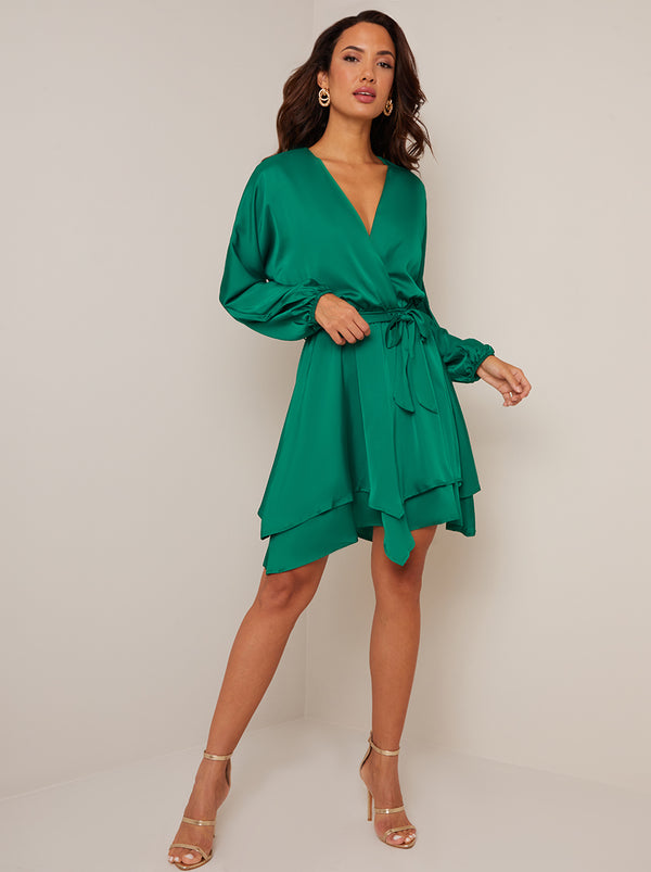 Long Sleeve Satin Wrap Dress in Green
