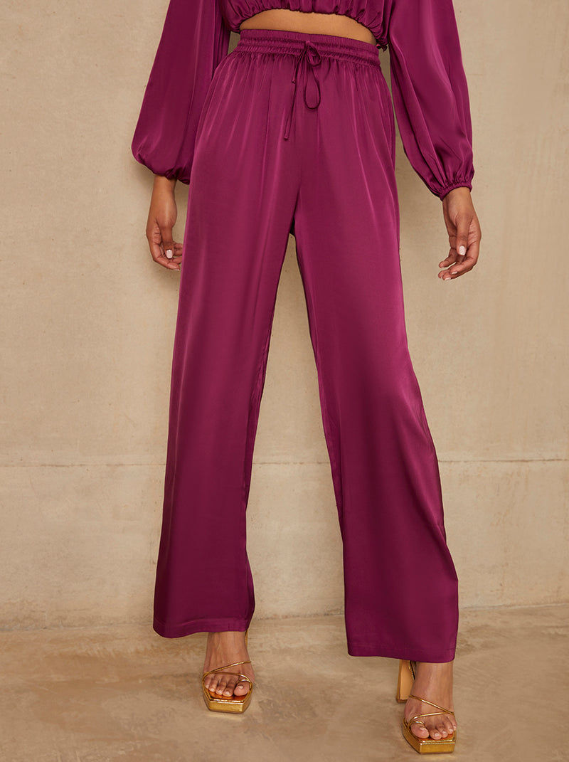 Satin Wide Leg Elasticated Waist Trousers in Berry