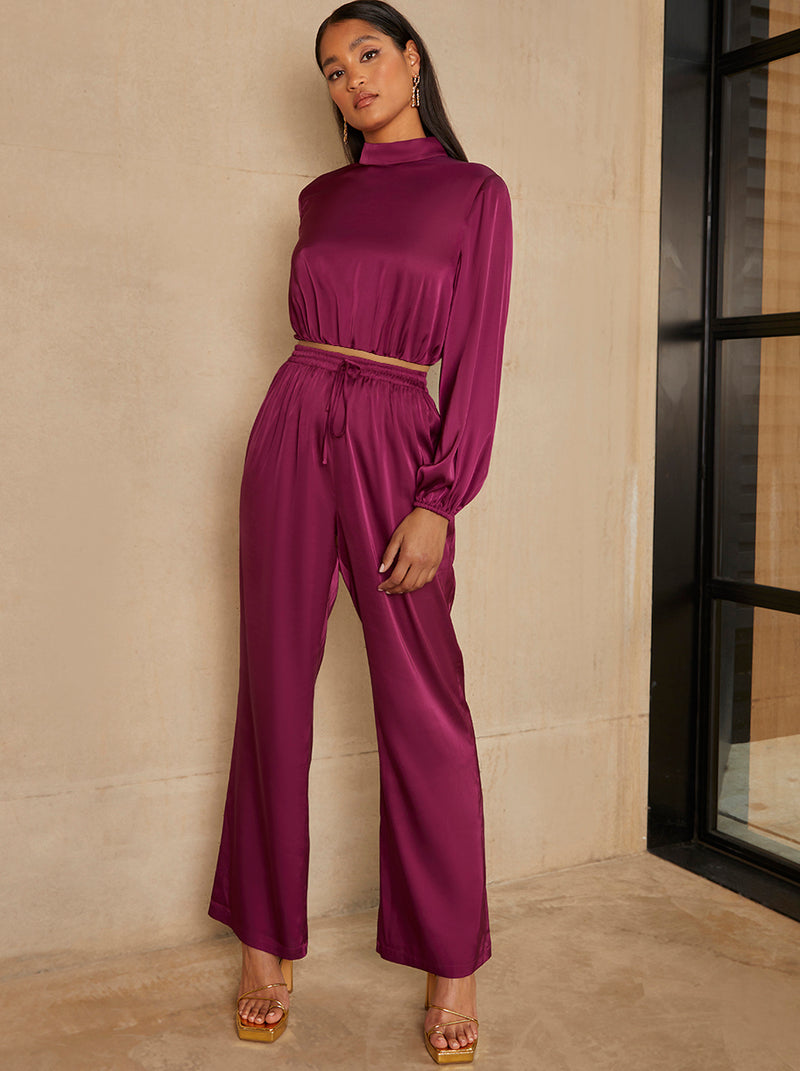 Satin Wide Leg Elasticated Waist Trousers in Berry