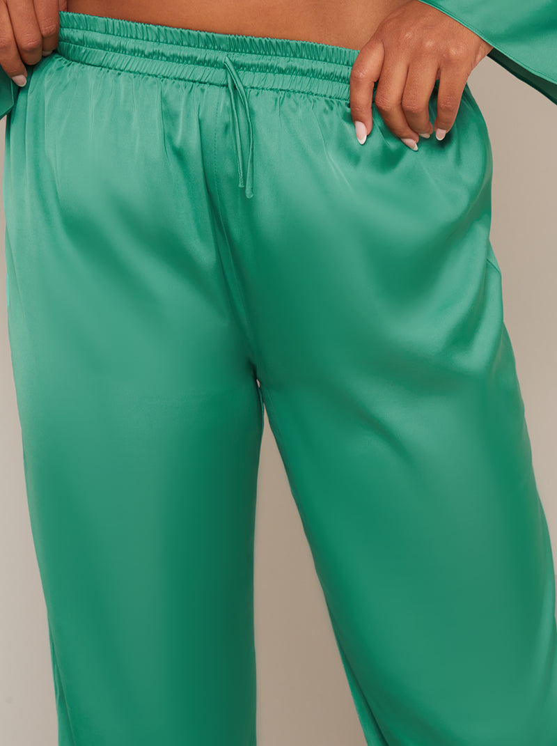 Satin Wide Leg Elasticated Waist Trousers in Green