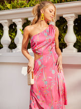One-Shoulder Pineapple Palm Print Midi Dress in Pink